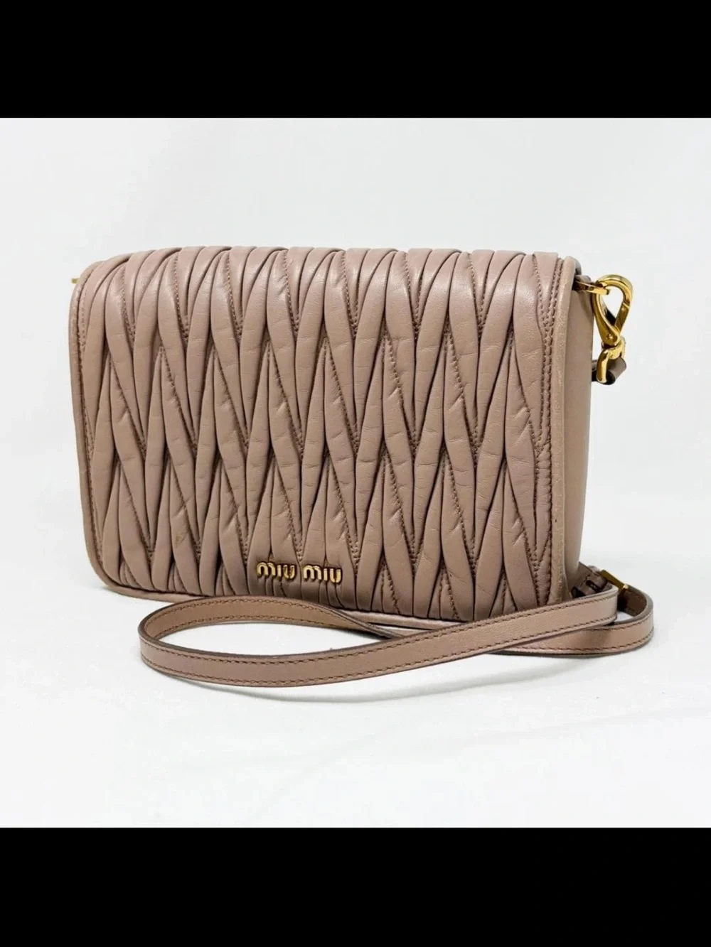 Miu Miu Quilted Matelassé Leather Crossbody in Taupe